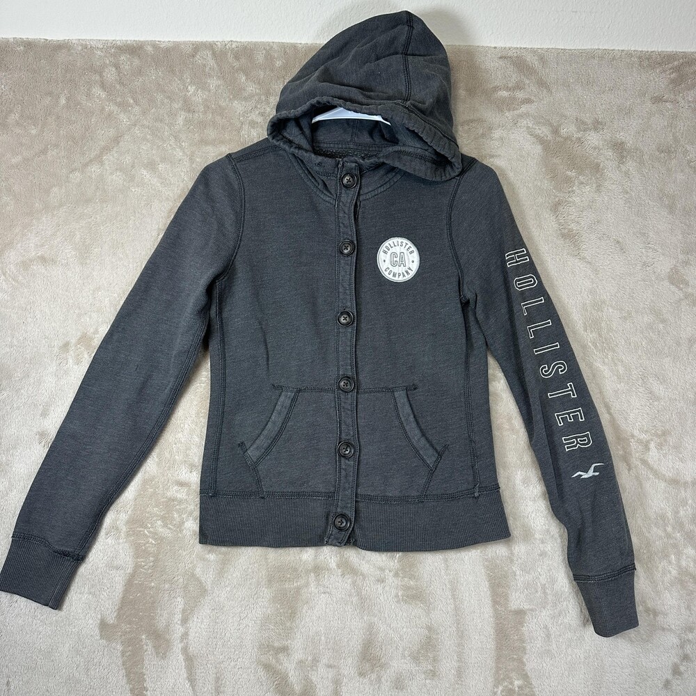 Hollister Hoodie Cardigan Girls Medium Gray Button Front Fleece Lined Logo